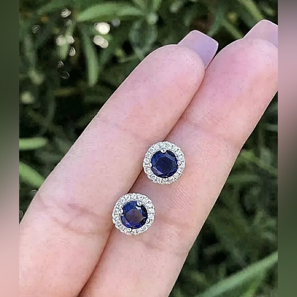 4 Ct Round Lab Created Blue & White Sapphire Halo Stud Earrings 14K White Gold